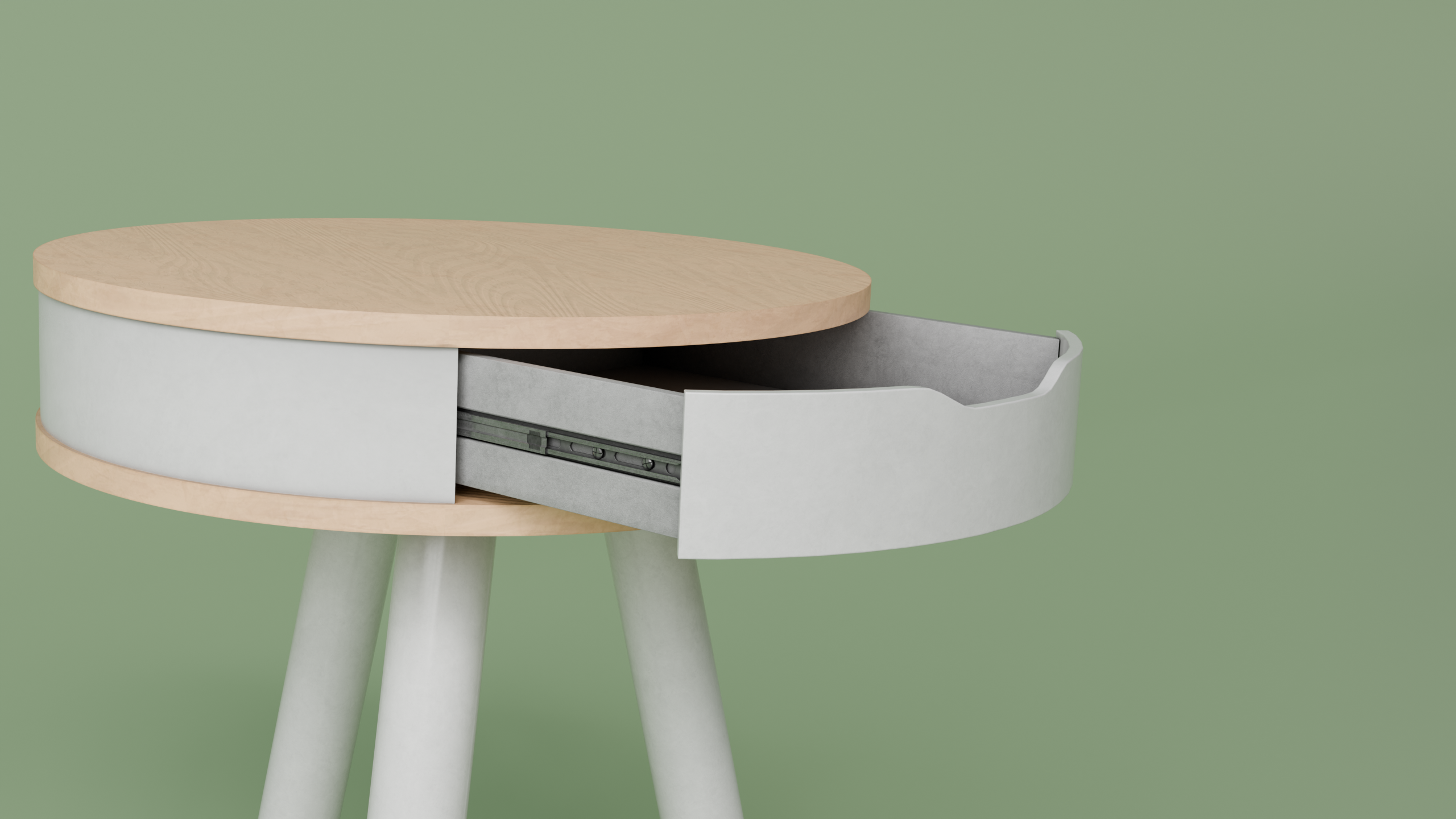 3D Produktvisualisierung eines modernen Nachttischs mit geöffneter Schublade – Beispiel 3D Rendering von Soul Blossom.