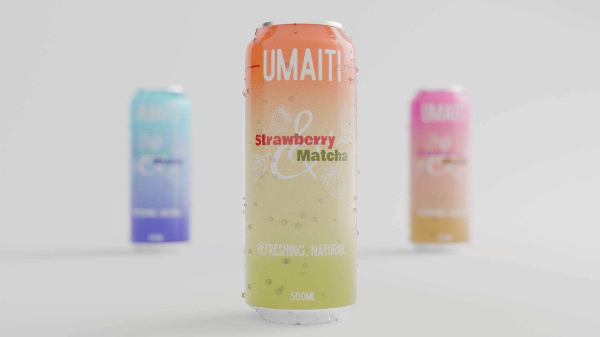 3D-Renderbild einer Getränkedose ‚Umaiti Strawberry & Matcha‘ mit zwei farblich variierenden Dosen im Hintergrund