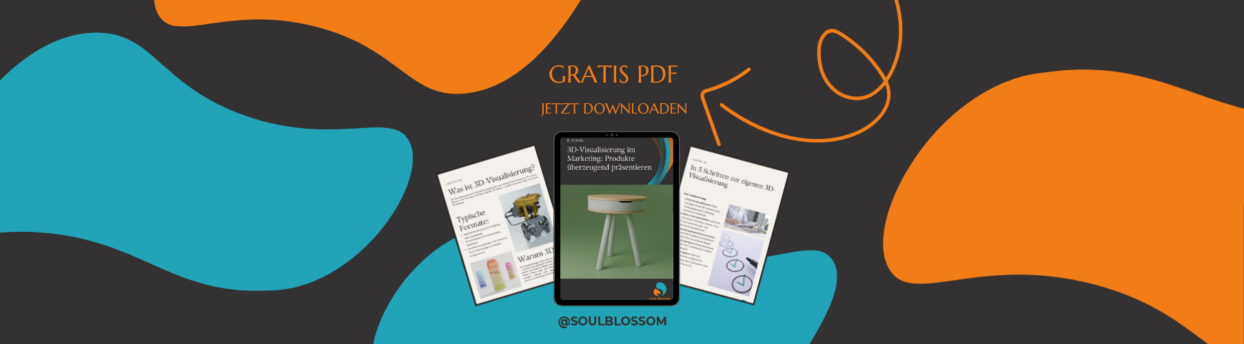 Mockup des kostenlosen E-Books „3D-Visualisierung im Marketing“ mit mehreren aufgeschlagenen Vorschauseiten – modernes Design, anschauliche Inhalte und praxisnahe Tipps.