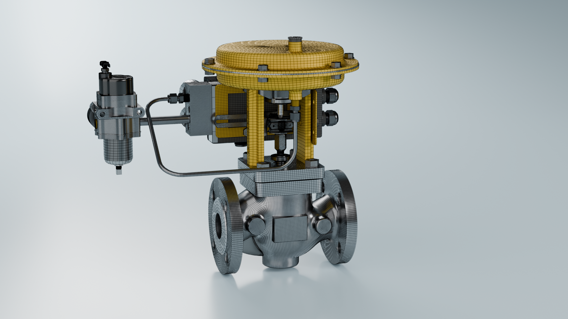 Hochwertig gerendertes CAD-Modell mit realistischen Materialien und eingeblendetem Wireframe mit sauberer Topologie, gerendert in Blender Cycles.